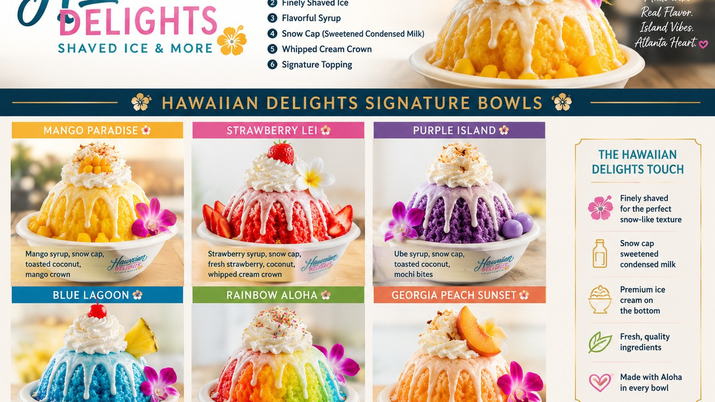 Colorful Hawaiian Delights shaved ice creations with tropical fruit and garnishes