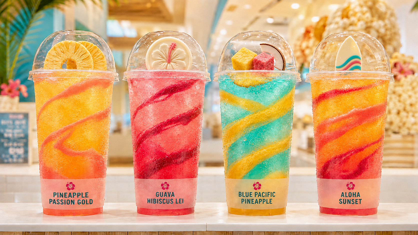 Hawaiian Delights Island Refreshers: Pineapple Passion Gold, Guava Hibiscus Lei, Blue Pacific Pineapple and Aloha Sunset