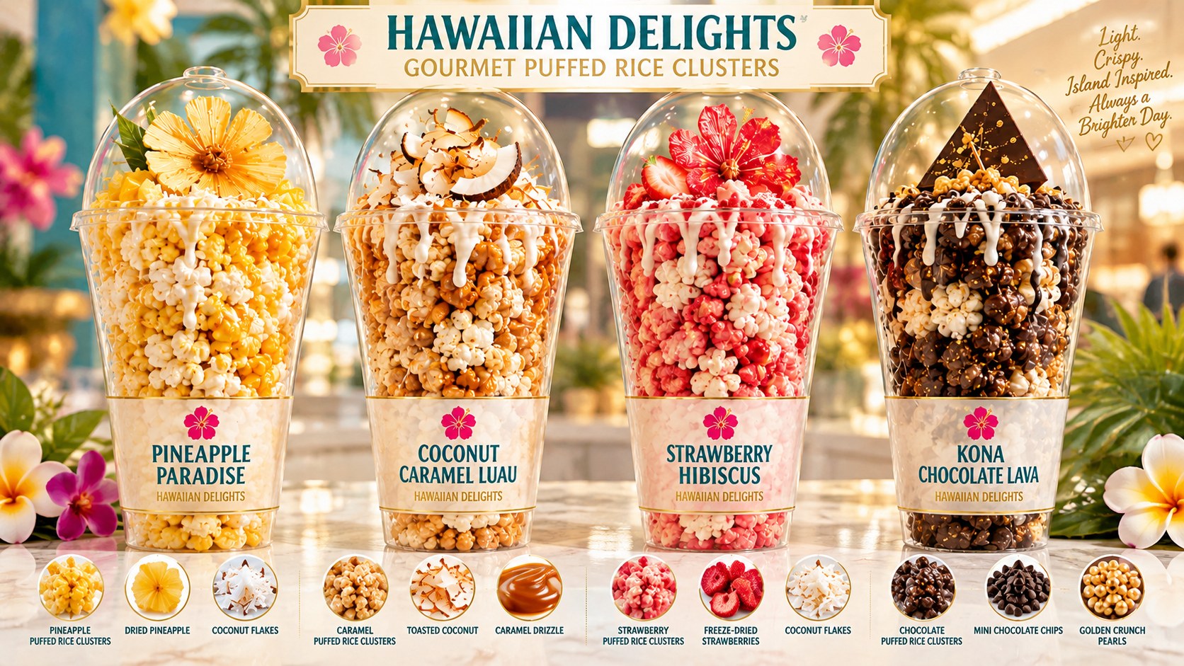 Hawaiian Delights gourmet popcorn flavor and presentation concepts