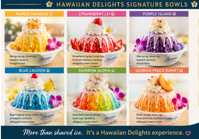 Colorful Hawaiian Delights shaved ice creations with tropical fruit and garnishes