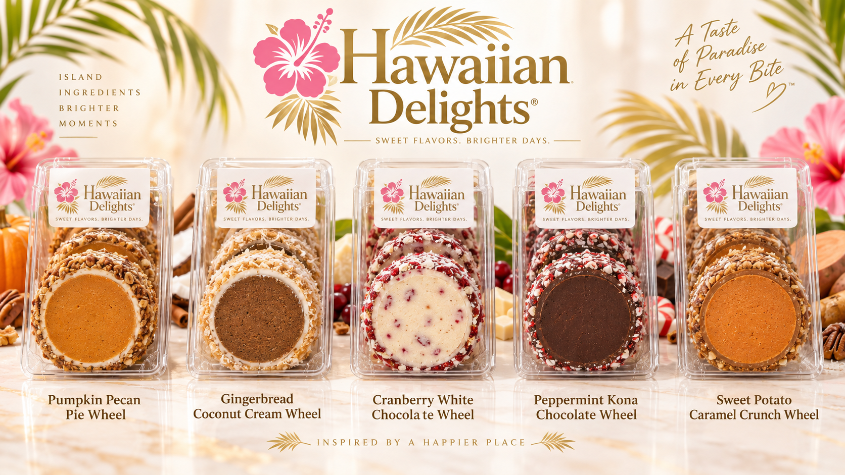 Signature Wheels: Pumpkin Pecan Pie, Gingerbread Coconut Cream, Cranberry White Chocolate, Peppermint Kona Chocolate and Sweet Potato Caramel Crunch