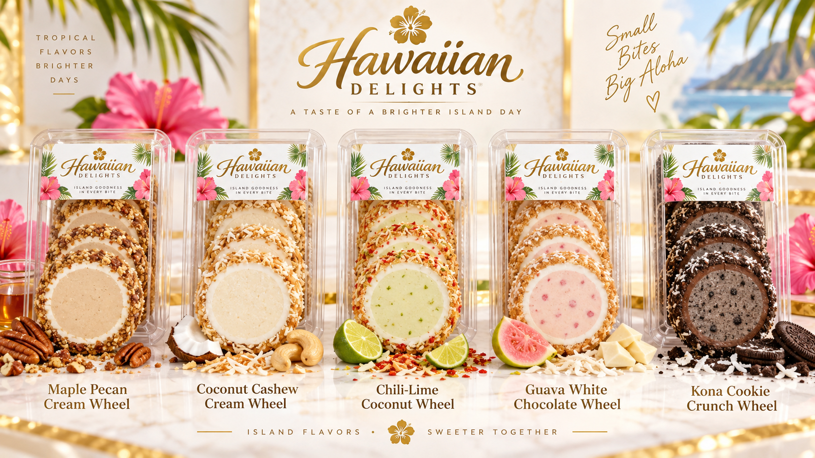 Signature Wheels: Maple Pecan Cream, Coconut Cashew Cream, Chili-Lime Coconut, Guava White Chocolate and Kona Cookie Crunch