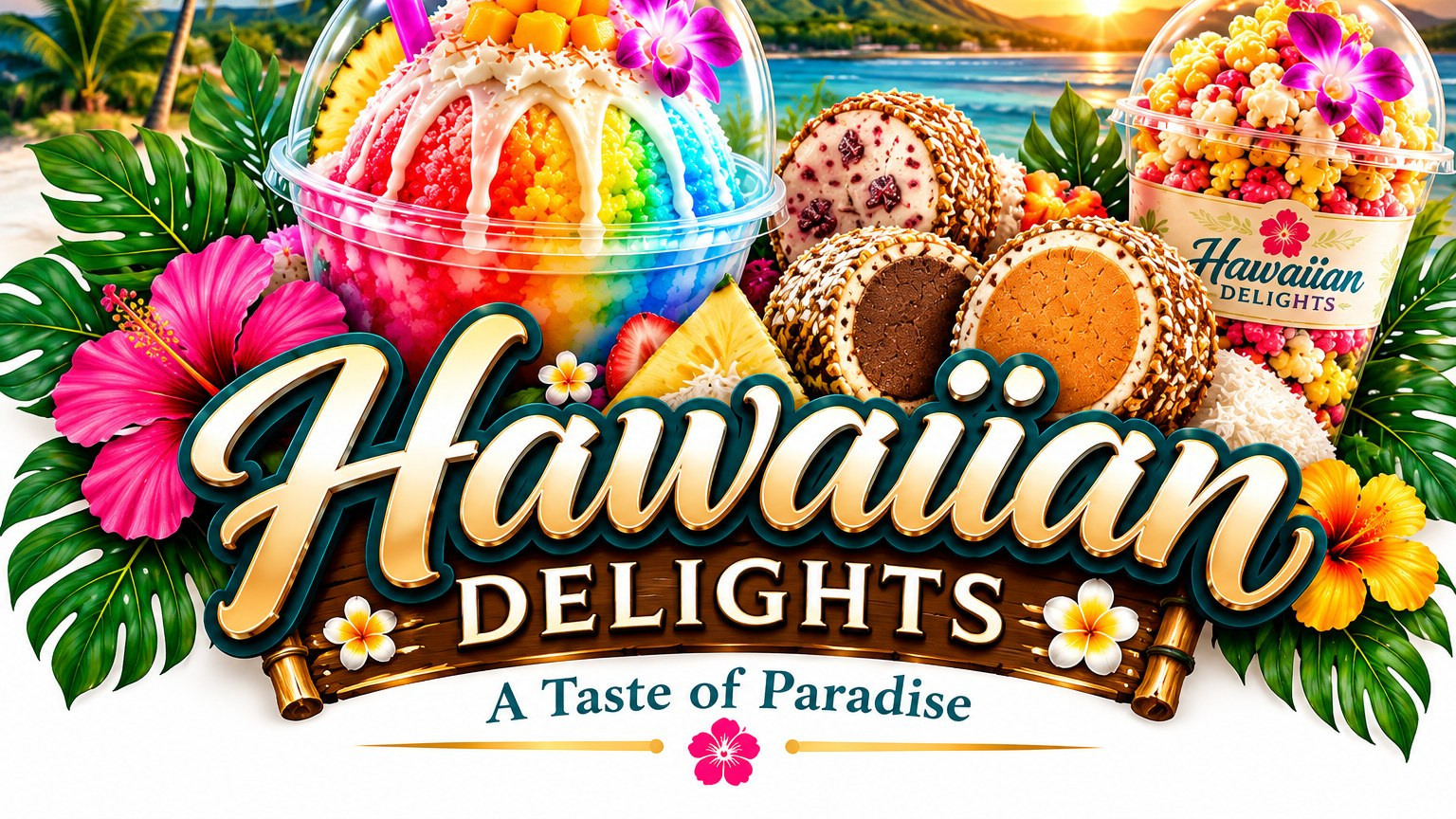 Vibrant tropical Hawaiian Delights food and island-inspired imagery